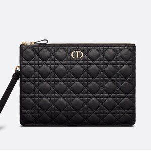 Large Dior Caro Daily Pouch in Black Supple Calfskin